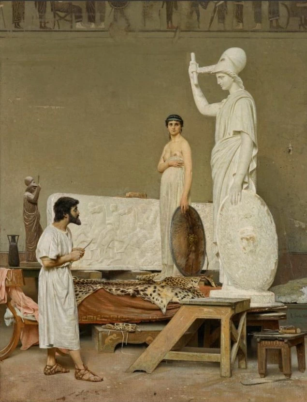 Fidia nella sua bottega, mentre scolpisce la statua di Minerva per il Partenone